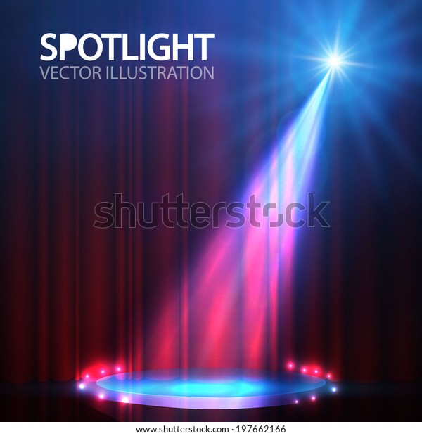 Spotlight on stage curtain with smoke\
& light. Vector\
illustration.
