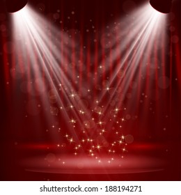 Spotlight on stage curtain with stars. Vector.