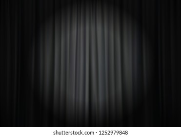 Spotlight on stage curtain. Theatrical drapes. Vector illustration.