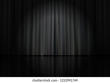 Spotlight on stage curtain. Theatrical drapes. Vector illustration.