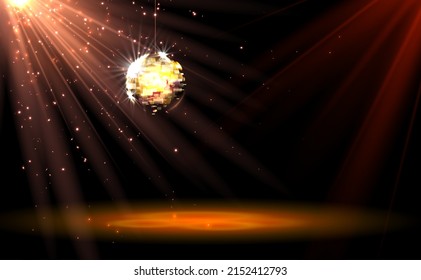 Spotlight on stage with discoball and light. Vector illustration.