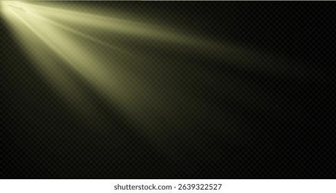Spotlight on the stage or divine particle rays isolated on a black transparent background. The glow of the rays