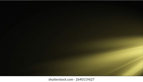 Spotlight on the stage or divine particle rays isolated on a black transparent background. The glow of the rays