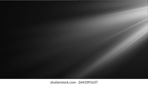 Spotlight on the stage or divine particle rays isolated on a black transparent background. The glow of the rays
