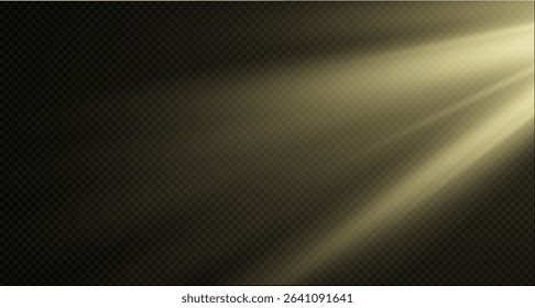 Spotlight on the stage or divine particle rays isolated on a black transparent background. The glow of the rays