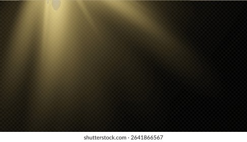 Spotlight on the stage or divine particle rays isolated on a black transparent background. The glow of the rays