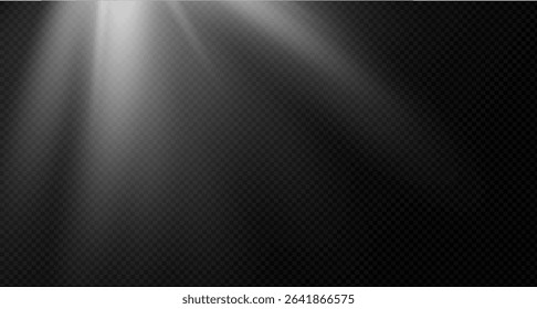 Spotlight on the stage or divine particle rays isolated on a black transparent background. The glow of the rays