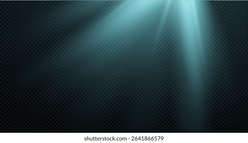 Spotlight on the stage or divine particle rays isolated on a black transparent background. The glow of the rays