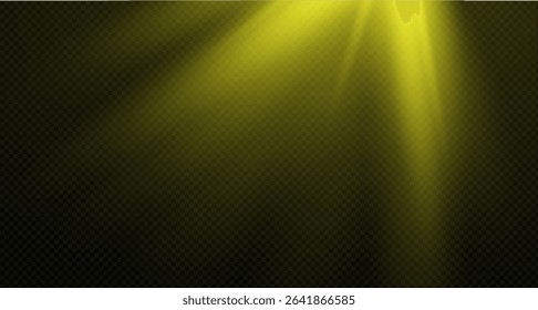 Spotlight on the stage or divine particle rays isolated on a black transparent background. The glow of the rays