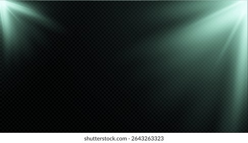 Spotlight on the stage or divine particle rays isolated on a black transparent background. The glow of the rays