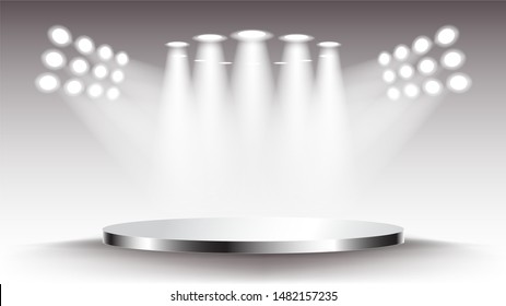 Spotlight on the stage scene. Illuminated empty pedestal. Spot from the light beam. Vector illustration in cartoon style