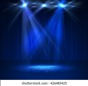 Spotlight on stage with smoke and light. Vector illustration.