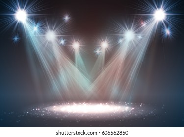 Spotlight on stage with smoke and light. Vector illustration.