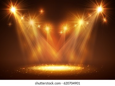 Spotlight on stage with smoke and light. Vector illustration.