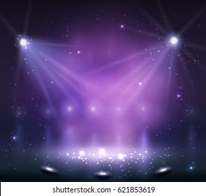 Spotlight on stage with smoke and light. Vector illustration.