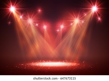 Spotlight on stage with smoke and light. Vector illustration.