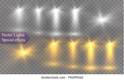 Spotlight on a transparent background. The spectral effect of a light flash with rays of light and magical brilliance. Glowing transparent vector light effect, explosion, glitter, spark, sunburst.