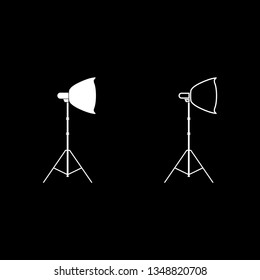 Spotlight on tripod Light projector Softbox on tripod Tripod light Equipment for professional photography Theater light icon set white color vector illustration flat style simple image