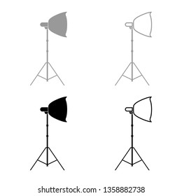 Spotlight on tripod. Light projector Softbox on tripod.  Tripod light Equipment for professional photography.  Theater light icon set.  black color vector illustration flat style simple image