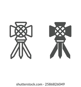 Spotlight on tripod stand line and solid icon, photography and lighti concept. Vector graphics. Studio floodlight sign on white background, outline style icon for mobile or web design