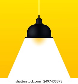 Spotlight on a yellow background. Lantern, light, shine, stage, performance, speech, important topic, illuminate, black lamp, empty space, banner, poster. Vector illustration