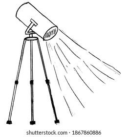 Spotlight oder Projektor auf Stativ. Vektorgrafik, handgezeichnet, Skizzengrafik. Vollständige Ansicht. Motive der Beleuchtung der Bühne in Theater, Fotografie und Kino. Bild für Druck- und Farbbuch