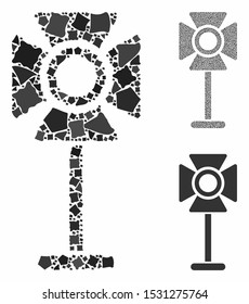 Spotlight rack composition of rough parts in variable sizes and color hues, based on spotlight rack icon. Vector rough parts are organized into composition.