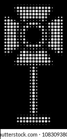 Spotlight rack halftone vector icon. Illustration style is pixelated iconic spotlight rack symbol on a black background. Halftone texture is made from circle pixels.
