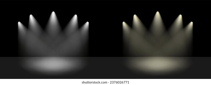 Spotlight ray stage effect. Spot light beams shine on black background to bright up scene. Scene vector illustration