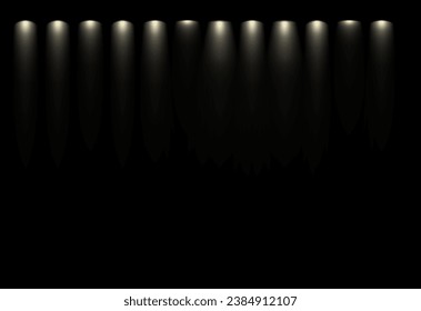 Spotlight ray stage effect. Spot light beams shine on black background to bright up scene. Scene vector illustration
