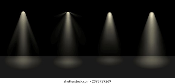 Spotlight ray stage effect. Spot light beams shine on black background to bright up scene. Scene vector illustration