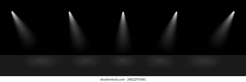 Spotlight ray stage effect. Spot light beams shine on black background to bright up scene. Scene vector illustration