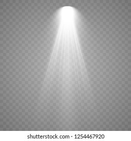 Spotlight. Rays of light isolated on transparent background. Sun flash. Vector illustration