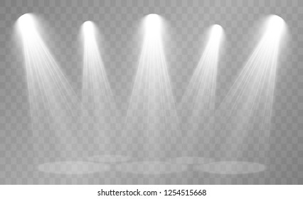 Spotlight. Rays of light isolated on transparent background. Sun flash. Vector illustration
