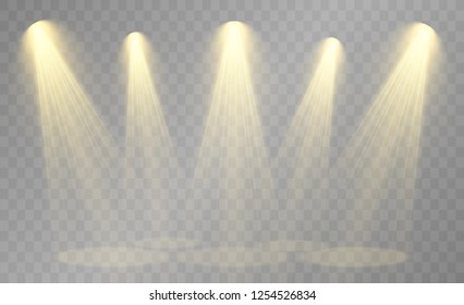 Spotlight. Rays of light isolated on transparent background. Sun flash. Vector illustration