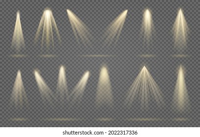 Rayos focales. Vigas de luz nítidas, focos de escena vectorial, lámparas abstractas brillantes para el diseño de interiores, manchas de linterna de decoración iluminan la imagen