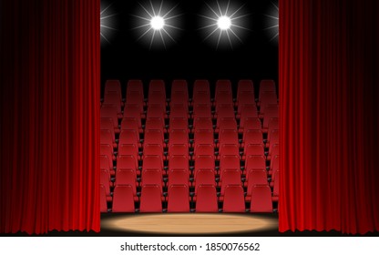 spotlight and red curtain on the wooden stage in the hall