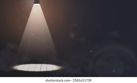 Spotlight at scene. Beam of light aimed at wooden floor. Decorations and stage lighting. Realistic projector for performances. Light for scene. Isometric vector illustration