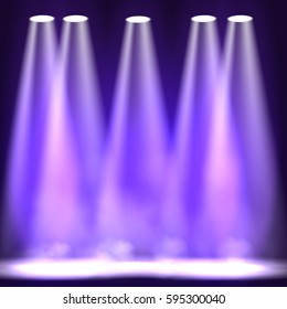 Spotlight scene decoration club theater. Vector projection presentation background illustartion. Stage Spotlight effect on scene.