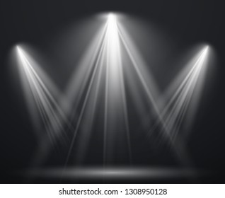 Spotlight scene. Light effect spot projector ray studio glow lamp beams shining bright lighting show, scene illumination vector stock