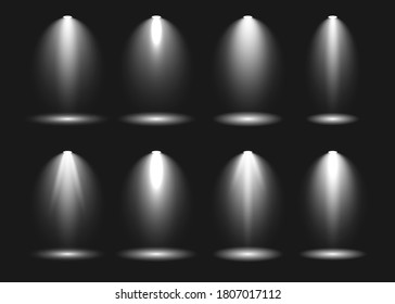 Spotlight scene light effects collection on dark background. Stage light spotlights vector shine illumination illustration