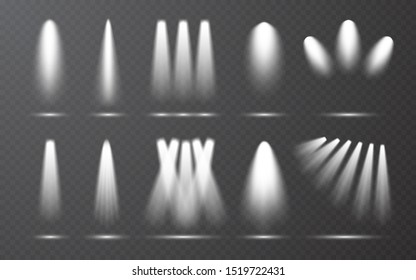 Spotlight set collection on transparent bakground. Light effect. Bright light beam. Vector illustration.