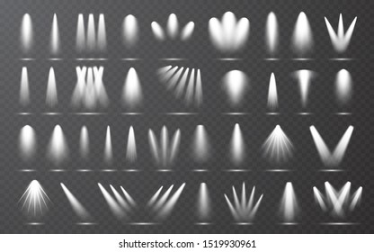 Spotlight set collection on transparent bakground. Light effect. Bright light beam. Vector illustration.