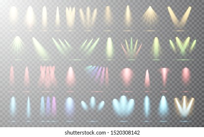 Spotlight set collection on transparent background. Light effect. Bright light beam. Vector illustration.