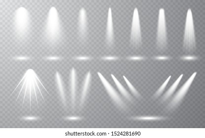 Spotlight set collection on transparent bakground. Light effect. Bright light beam. Vector illustration.