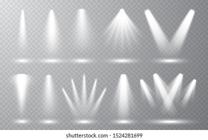 Spotlight set collection on transparent bakground. Light effect. Bright light beam. Vector illustration.
