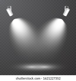 Spotlight set collection on transparent bakground. Light effect. Bright light beam. Vector illustration.