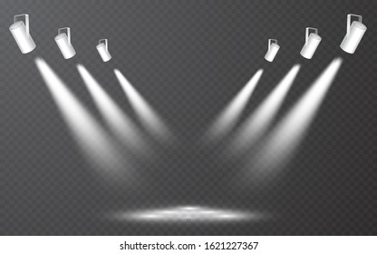 Spotlight set collection on transparent bakground. Light effect. Bright light beam. Vector illustration.