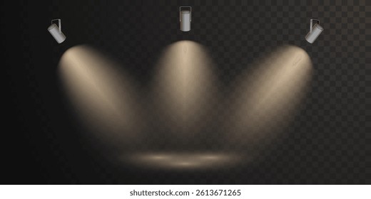 Spotlight set collection on transparent bakground. Light effect. Bright light beam. Vector illustration.