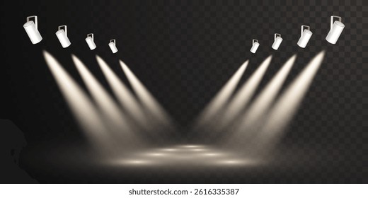 Spotlight set collection on transparent bakground. Light effect. Bright light beam. Vector illustration.